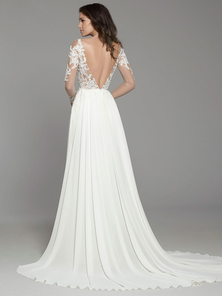 Milanoo Weißes einfaches Hochzeitskleid A-Linie V-Ausschnitt Chiffon-Spitze mit langen Ärmeln Spitze