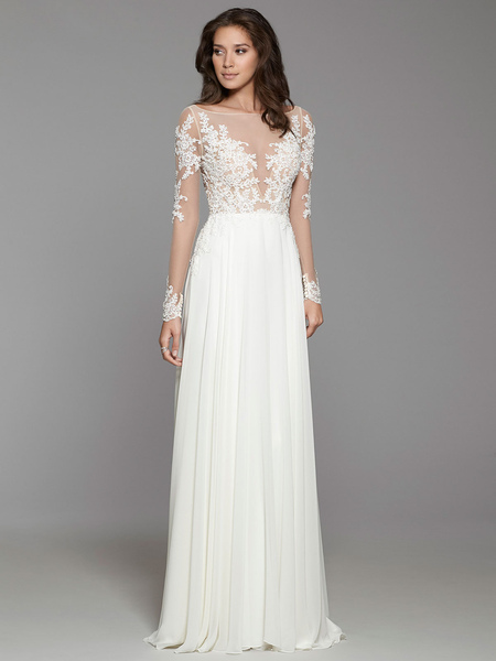 Milanoo White Simple Wedding Dress A Line V Neck Chiffon Lace Long Sleeves Lace Bridal Gowns