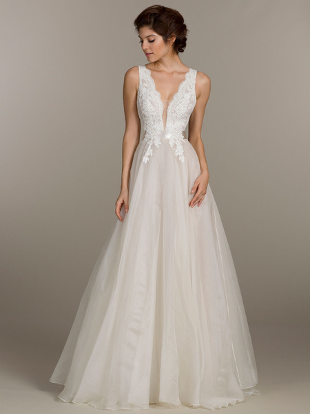 Milanoo Ivory Simple Wedding Dress A-Line V-Neck Sleeveless Backless Tulle Lace Long Bridal Dresses