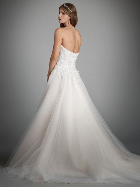 Milanoo Ivory A-Line Wedding Dresses With Train Sleeveless Backless Tulle Lace Strapless Long Bridal