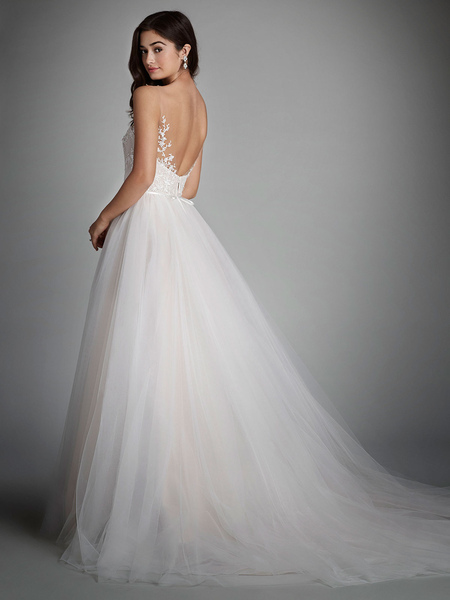 Milanoo Ivory A-Line Wedding Dresses With Train Sleeveless Backless Tulle Lace V-Neck Long Bridal Dr