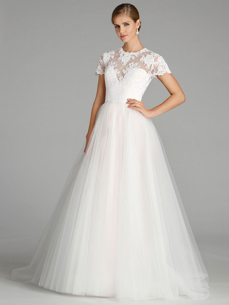 Milanoo White A-Line Wedding Dresses With Train Short Sleeves Backless Lace Jewel Neck Bridal Gowns