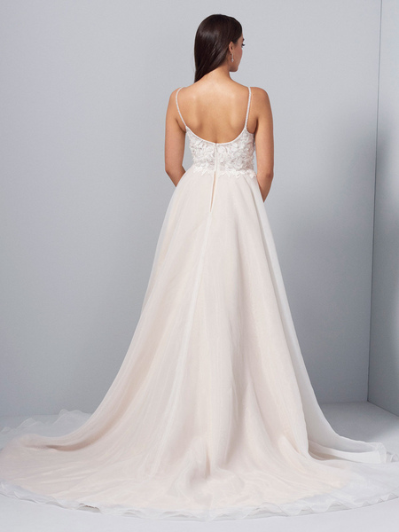 Milanoo Ivory Simple Wedding Dress A Line V Neck Sleeveless Backless Sash Lace Tulle Long Bridal Dre