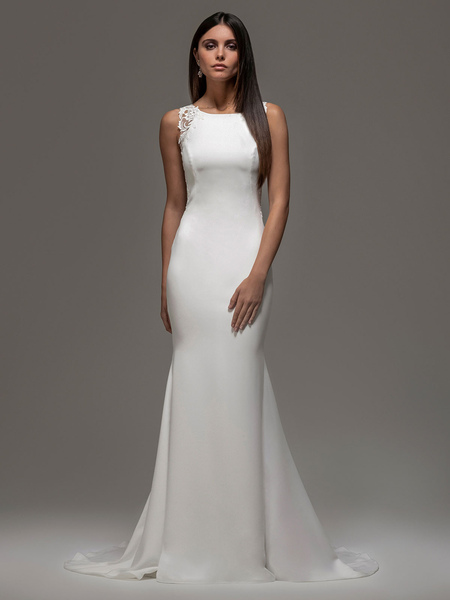 Milanoo White Wedding Dress With Train Sleeveless Lace Stretch Crepe Jewel Neck Long Bridal Gowns