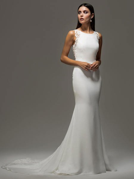 Milanoo White Wedding Dress With Train Sleeveless Lace Stretch Crepe Jewel Neck Long Bridal Gowns