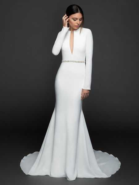 Milanoo White Wedding Dresses V Neck Long Sleeves Natural Waist Sash With Train Long Bridal Dresses