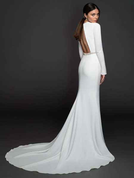 Milanoo White Wedding Dresses V Neck Long Sleeves Natural Waist Sash With Train Long Bridal Dresses