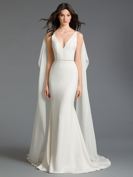 Milanoo Ivory Wedding Dress With Train Sleeveless Backless Sash V Neck Stretch Crepe Bridal Dresses