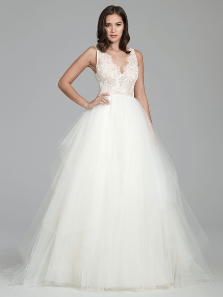 Milanoo Ivory A-Line Wedding Dresses With Train Sleeveless Tulle Lace V-Neck Long Bridal Dresses