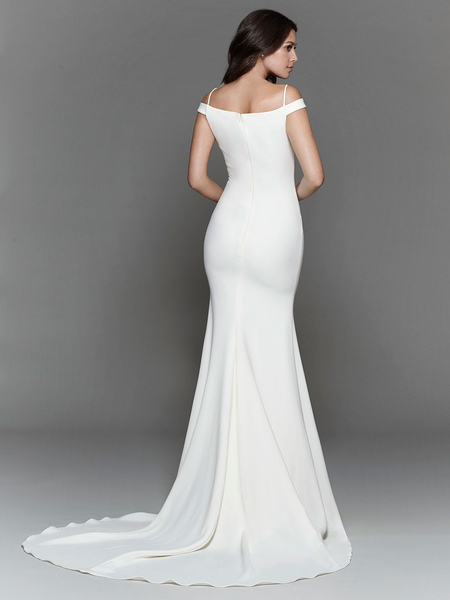 Milanoo White Wedding Dress V Neck Sleeveless Natural Waist With Train Stretch Crepe Bridal Mermaid