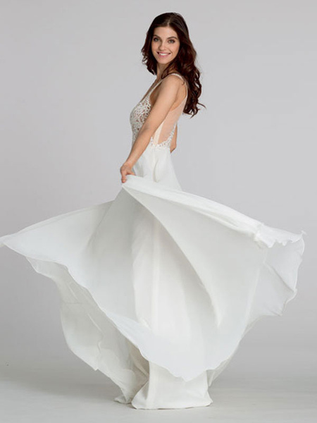 Milanoo White Simple Wedding Dress Chiffon V Neck Sleeveless With Train Chiffon Lace A Line Bridal G