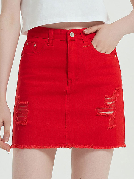 Milanoo Short Skirt For Women Red Raised Waist Irregular Denim Short Buttons