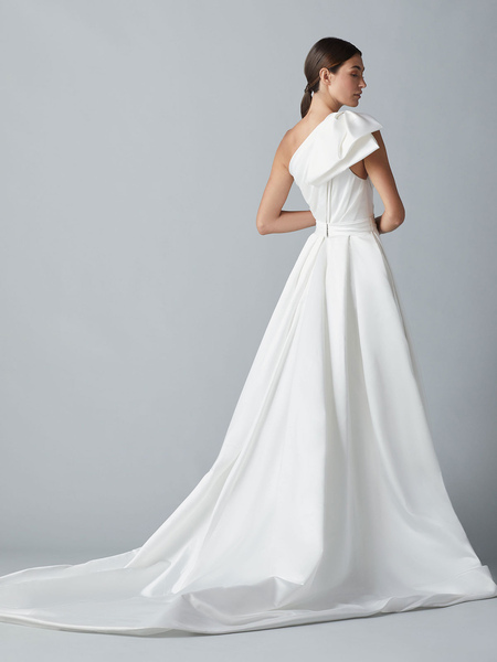 Milanoo White Wedding Dress One Shoulder Sleeveless Satin Fabric Bows With Train Long Bridal Dresses