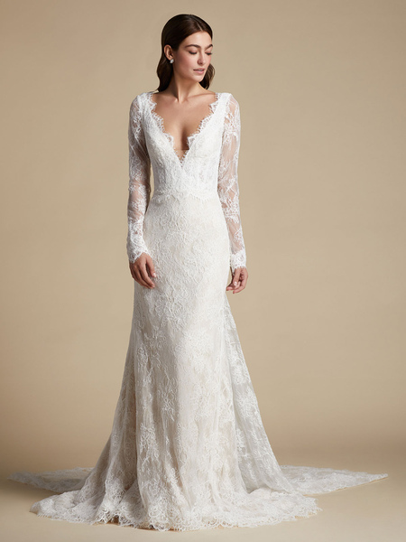Milanoo Ivory Wedding Gowns V Neck Long Sleeves Backless With Train Lace Long Bridal Gowns