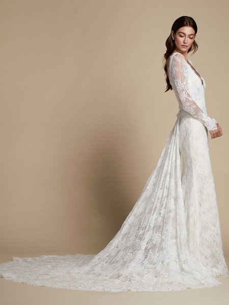 Milanoo Ivory Wedding Gowns V Neck Long Sleeves Backless With Train Lace Long Bridal Gowns