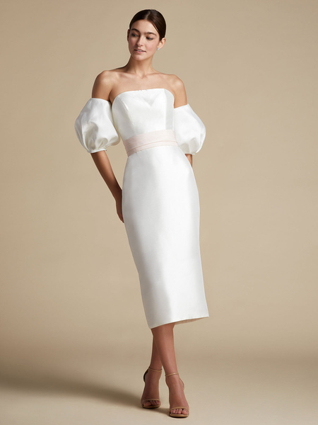 Milanoo Ivory Short Wedding Dresses Strapless Sleeveless Sheath Satin Fabric Tea Length Short Bridal