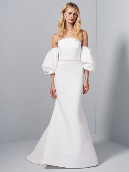 Milanoo White Wedding Dress With Train Sleeveless Backless Beaded Strapless Stretch Crepe Bridal Gow