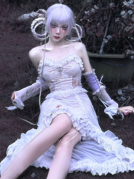 Milanoo Gothic Lolita JSK Dress Sleeveless Ruffles Lace Cross Pattern White Lolita Jumper Skirt