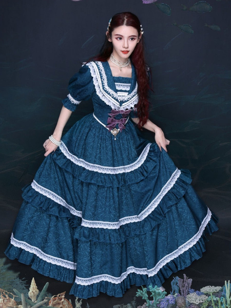 Milanoo Classical Lolita OP Dress Blue Gray Lace Ruffles Short Sleeves Lolita One Piece Dress