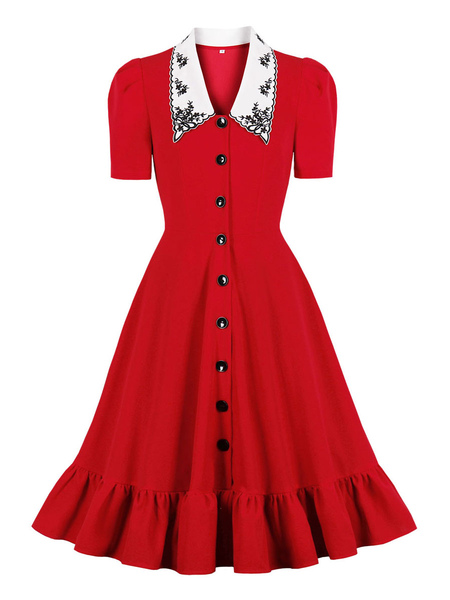 Milanoo 1950s Retro Dress Peter Pan Collar Buttons Stretch Short Sleeves Medium Red Rockabilly Dress