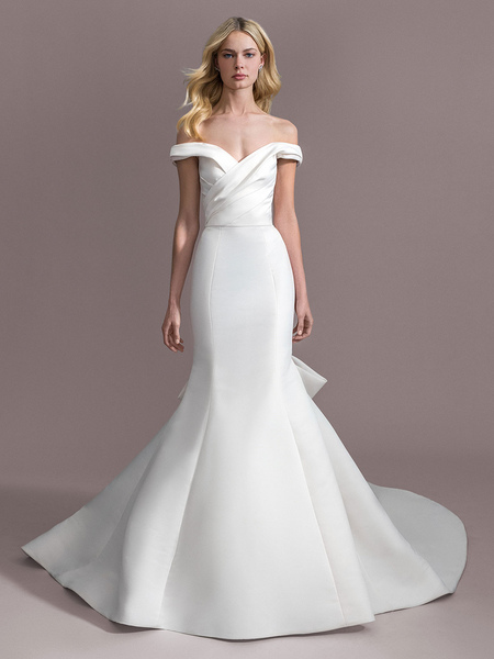 Milanoo Ivory Wedding Bridal Gowns With Train Sleeveless Bows Off The Shoulder Satin Fabric Bridal G