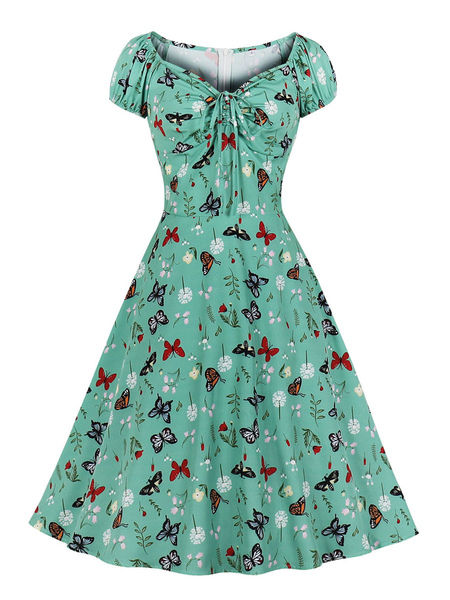 Milanoo 1950s Vintage Dress Sweetheart Neck Pleated Stretch Sleeveless Medium Animal Print Mint Gree