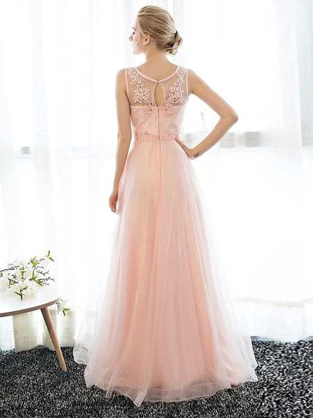 Milanoo Pink Simple Wedding Dress Ball Gown Jewel Neck Sleeveless Soft Tulle Applique Floor Length B
