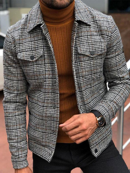 Milanoo Men\\'s Jackets & Coats Mens Jacket Men\\'s Jackets Casual Plaid Grey Smart