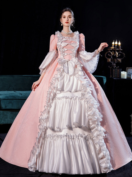 Image of Costumi retrò rosa per donna Costume da Maria Antonietta a pieghe con drappeggio laterale Abito vintage in stile europeo