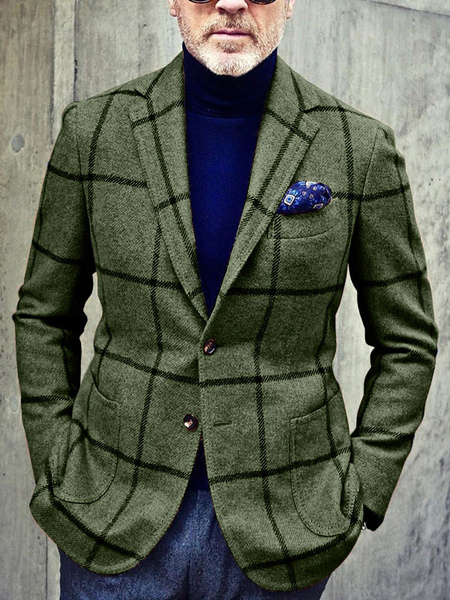 Milanoo Men Jacket Plaid Pattern Turndown Collar Long Sleeves Buttons Polyester Modern Regular Fit B