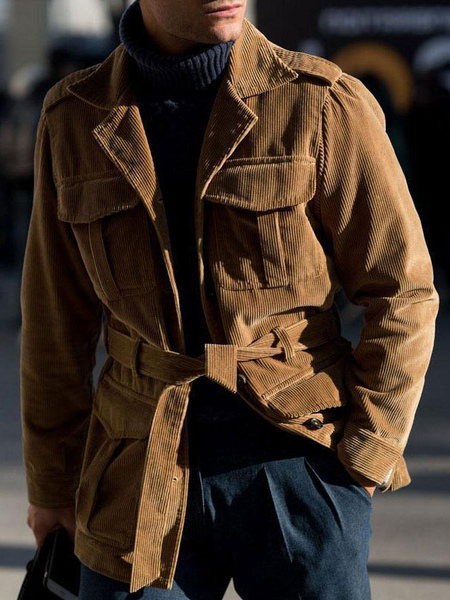 Milanoo Men Jacket Turndown Collar Long Sleeves Corduroy Amazing Regular Fit Jacket