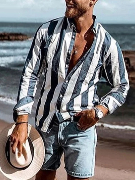 Milanoo Casual Shirt For Men Turndown Collar Long Sleeves Stripes Deep Blue Men Summer Shirts