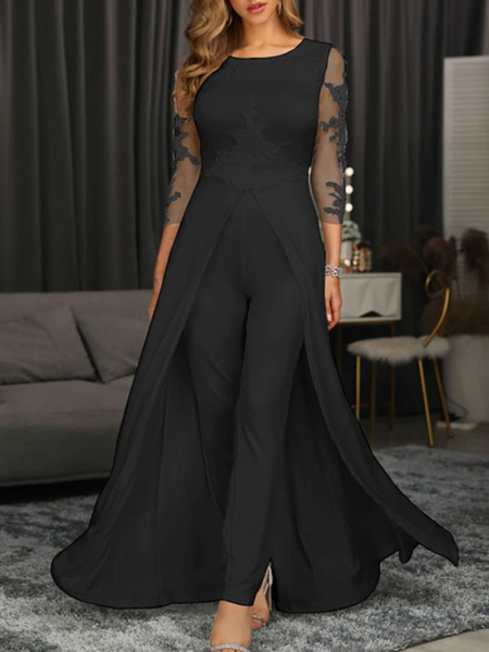 Milanoo Black Mother Dress Jewel Neck 3/4 Length Sleeves Sheath Applique Wedding Guest Dresses