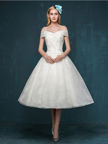 Milanoo Eric White Short Wedding Dresses Off The Shoulder Sleeveless Princess Silhouette Knee-Length