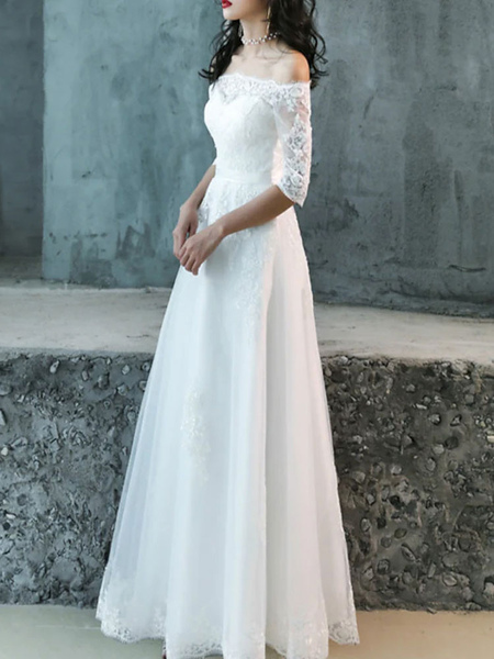 Milanoo Weißes einfaches Hochzeitskleid Ballkleid schulterfrei halbe Ärmel Applique Brautkleider