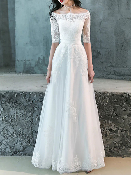 Milanoo Weißes einfaches Hochzeitskleid Ballkleid schulterfrei halbe Ärmel Applique Brautkleider