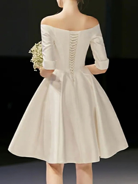 Milanoo Eric White Short Wedding Dresses Off The Shoulder Half Sleeves A Line Natural Waist Satin Fa