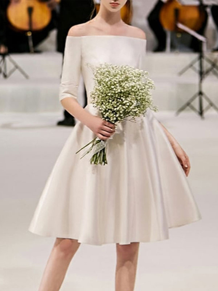 Milanoo Eric White Short Wedding Dresses Off The Shoulder Half Sleeves A Line Natural Waist Satin Fa