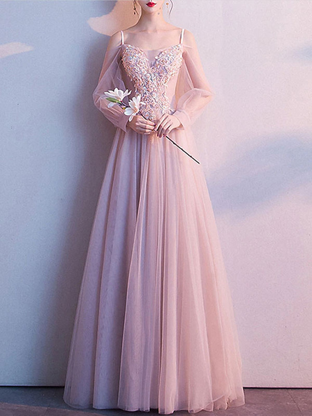 Milanoo Light Pink Prom Dress Off The Shoulder Ball Gown Long Sleeves Applique Pageant Dresses