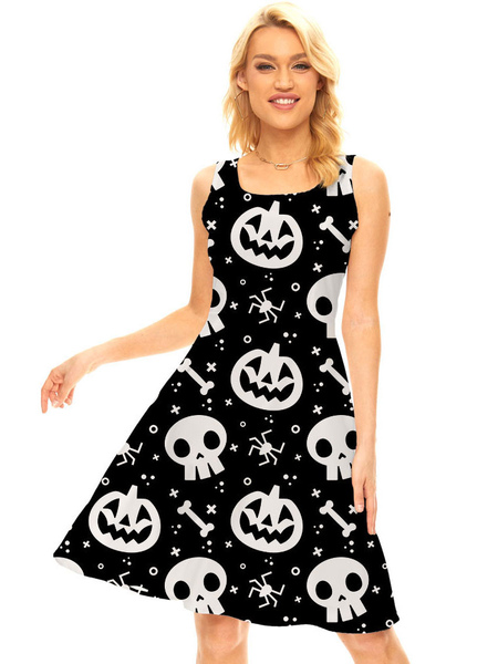 Milanoo Party Dresses Black Jewel Neck Piping Sleeveless Halloween Skull Printed Stretch Semi Formal