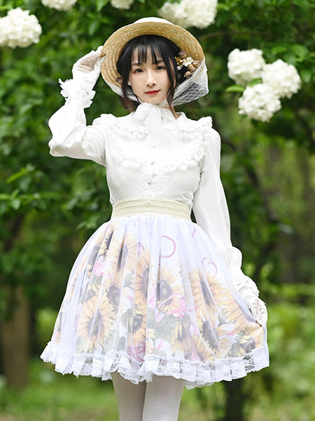 Milanoo Sweet Lolita Skirt Floral Print Beige Lace Tiered Tea Party Daily Casual Lolita Skirts
