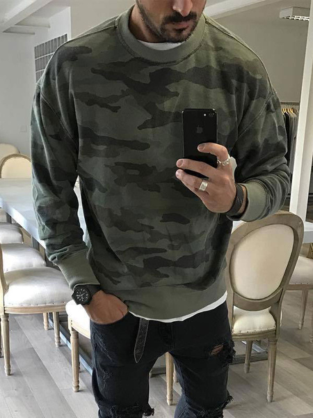 Milanoo Men Hoodies Jewel Neck Long Sleeves Printed Polyester Sweatshirt
