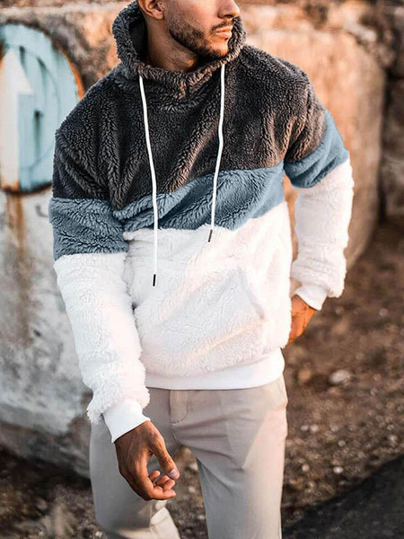 Milanoo Men Hoodies Hooded Long Sleeves Color Block Polyester Sweatshirt