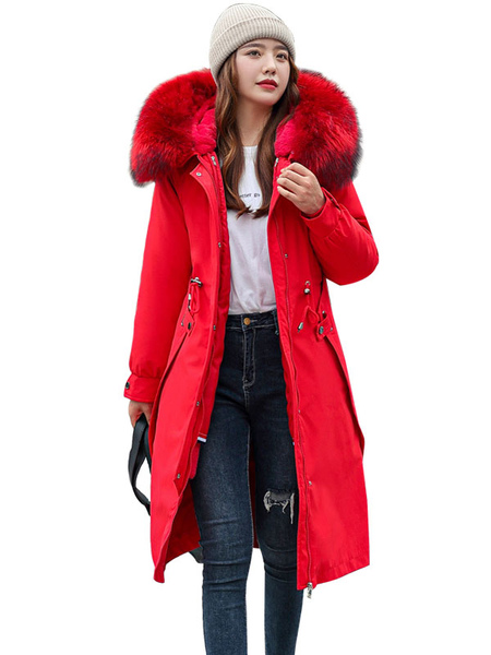 Milanoo Women Puffer Coats Red Warmth Preservation Hooded Zipper Faux Fur Collar Long Sleeves Remova