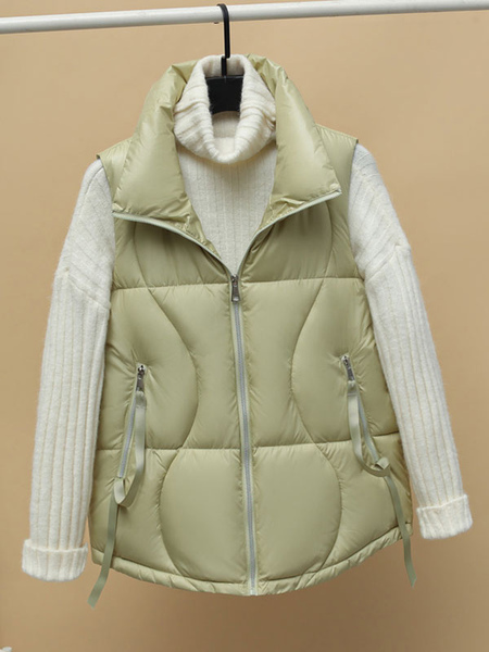 Milanoo Puffer Coats For Women Light Green Warmth Preservation Turndown Collar Zipper Sleeveless Plu