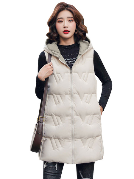 Milanoo Women Puffer Coats Ecru White Warmth Preservation Hooded Pockets Zipper Sleeveless Plus Size