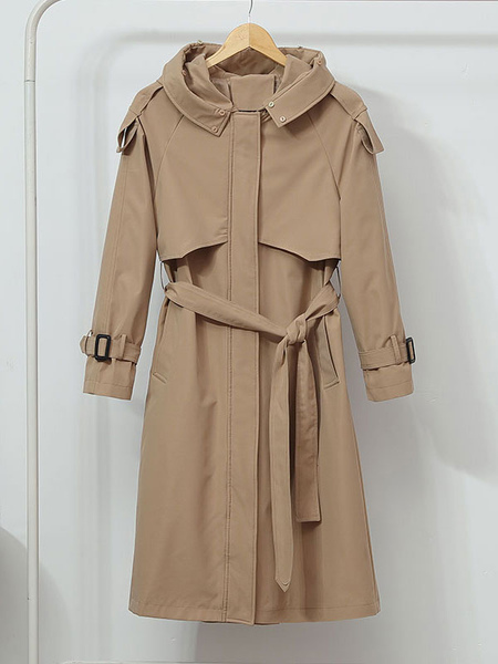 Milanoo Puffer Coats For Women Khaki Warmth Preservation Hooded Sash Zipper Long Sleeves Removable O