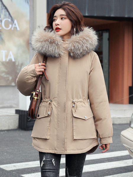 Milanoo Women Puffer Coats Khaki Faux Fur Collar Medium Zipper Hooded Long Sleeves Plus Size Casual
