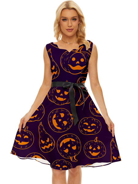 

Milanoo Party Dresses Deep Purple V-Neck Lace Up Sleeveless Halloween Printed Stretch Semi Formal Dr