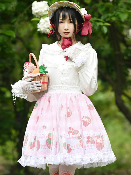 Milanoo Sweet Lolita SK Fruit Floral Pattern Pink Tiered Lace Lolita Skirts